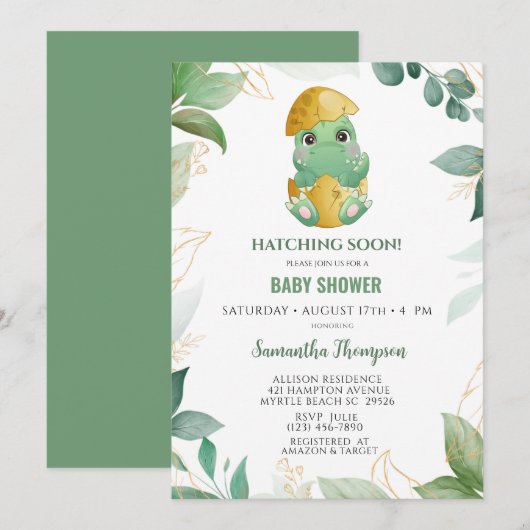 Cute Green Dinosaur Boys Baby shower Invitation Kaart (Voorkant / Achterkant)