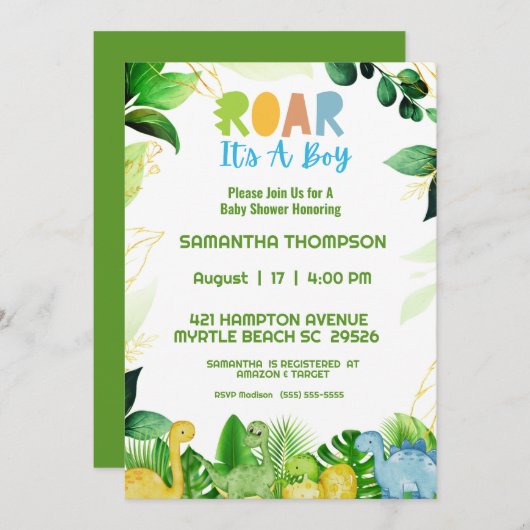 Cute Green Dinosaur Boys Baby shower Invitation Kaart (Voorkant / Achterkant)
