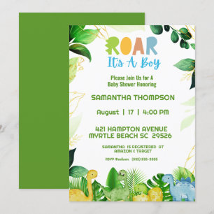 Cute Green Dinosaur Boys Baby shower Invitation Kaart