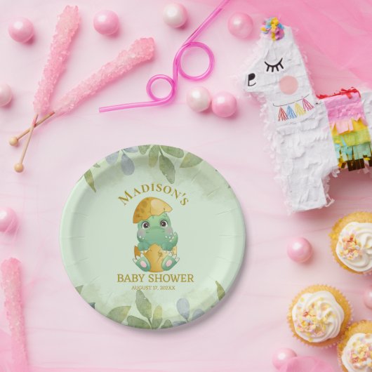 Cute Green Dinosaur Boys Baby shower Papieren Bordje (Feest)