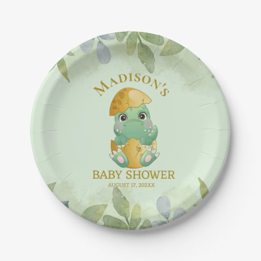 Cute Green Dinosaur Boys Baby shower Papieren Bordje (Voorkant)