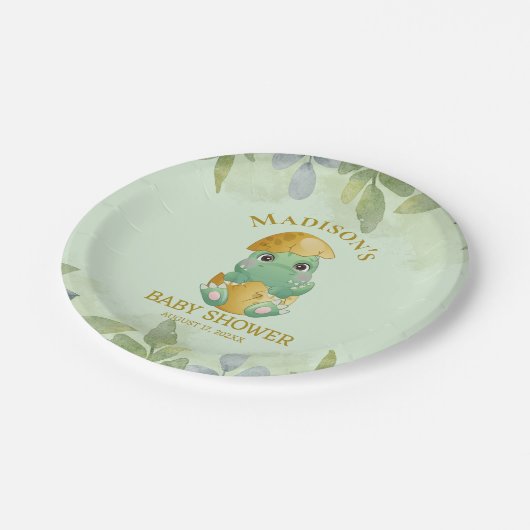 Cute Green Dinosaur Boys Baby shower Papieren Bordje (Gekanteld)