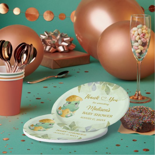 Cute Green Dinosaur Boys Baby shower Papieren Bordje (Multi)