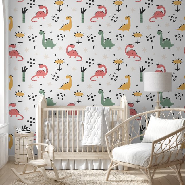 Cute Green Dinosaur Forest Behang (Kinderen)