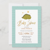 Cute Green Dinosaur Gold Script Baby shower Kaart (Voorkant)