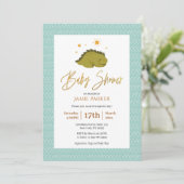 Cute Green Dinosaur Gold Script Baby shower Kaart (Staand voorkant)