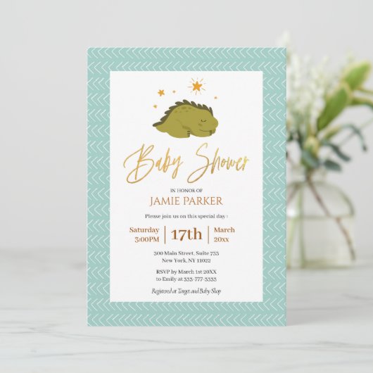 Cute Green Dinosaur Gold Script Baby shower Kaart (Staand voorkant)