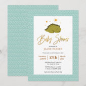 Cute Green Dinosaur Gold Script Baby shower Kaart (Voorkant / Achterkant)