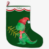 Cute Green Dinosaur Personalized Grote Kerstsok (Voorkant)