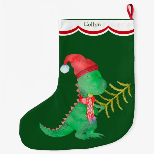 Cute Green Dinosaur Personalized Grote Kerstsok (Achterkant)