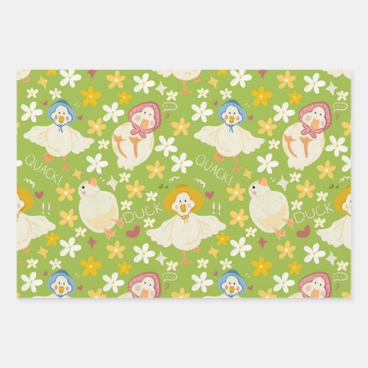 Cute Green Duck & Daisy Flower Seamless Pattern Inpakpapier Vel (Voorkant 3)