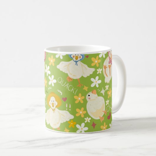 Cute Green Duck & Daisy Flower Seamless Pattern Koffiemok (Voorkant rechts)