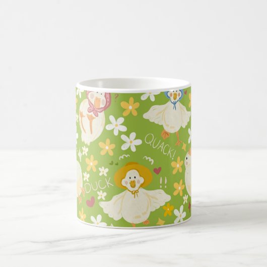 Cute Green Duck & Daisy Flower Seamless Pattern Koffiemok (Center)