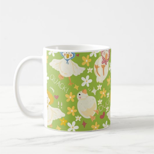 Cute Green Duck & Daisy Flower Seamless Pattern Koffiemok (Links)