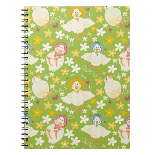 Cute Green Duck & Daisy Flower Seamless Pattern Notitieboek (Voorkant)