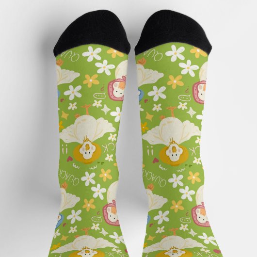 Cute Green Duck & Daisy Flower Seamless Pattern Sokken (Top)