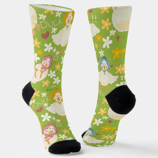 Cute Green Duck & Daisy Flower Seamless Pattern Sokken (Gebogen)