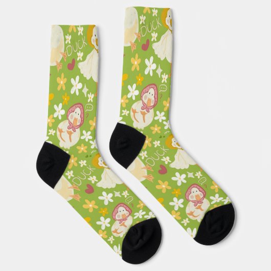Cute Green Duck & Daisy Flower Seamless Pattern Sokken (Rechts)
