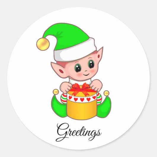 Cute Green Elf Greetings op White Square Sticker (Voorkant)
