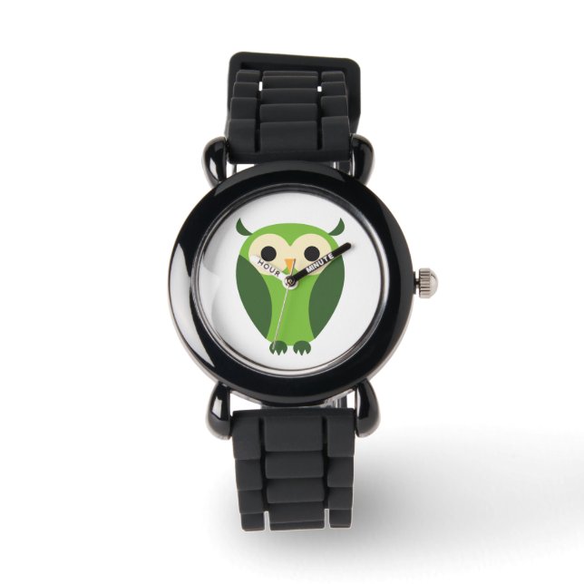Cute Green en beige Cartoon Owl Horloge (Voorkant)