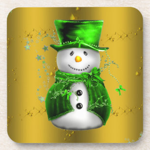 Cute Green en Gold Snowman Kerstmis Bier Onderzetter