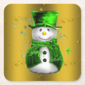 Cute Green en Gold Snowman Kerstmis Kartonnen Onderzetters (Voorkant)