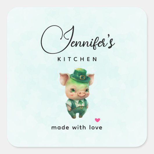 Cute Green Fairytale Pig in Fancy Attire Kitchen Vierkante Sticker (Voorkant)