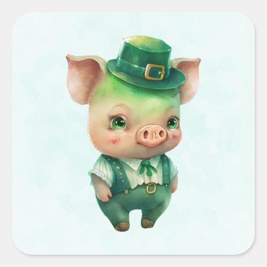 Cute Green Fairytale Pig in Fancy Attire Vierkante Sticker (Voorkant)