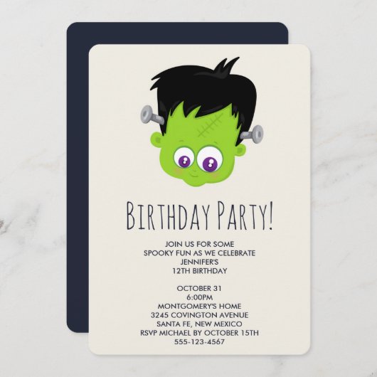 Cute Green Frankenstein Monster Face Birthday Kaart (Voorkant / Achterkant)