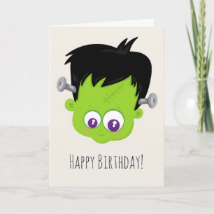 Cute Green Frankenstein Monster Face Birthday Kaart