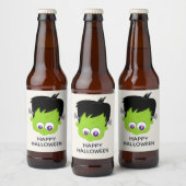 Cute Green Frankenstein Monster face Halloween Bier Etiket (Flessen)