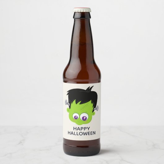 Cute Green Frankenstein Monster face Halloween Bier Etiket (Voorkant)