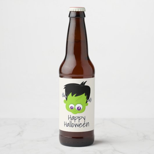 Cute Green Frankenstein Monster face Halloween Bier Etiket (Voorkant)