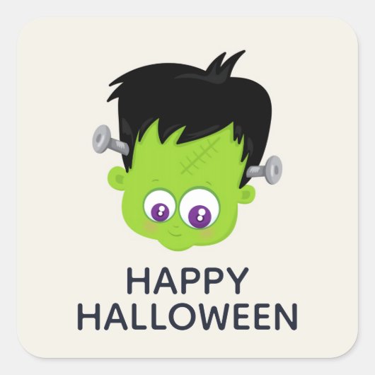 Cute Green Frankenstein Monster face Halloween Vierkante Sticker (Voorkant)