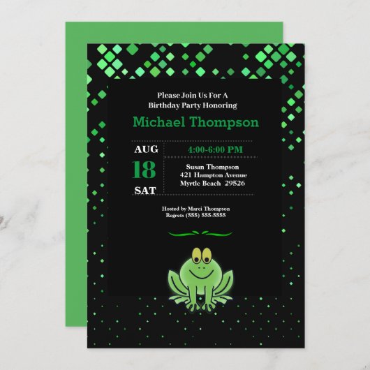 Cute Green Frog Birthday Party Invitation Kaart (Voorkant / Achterkant)