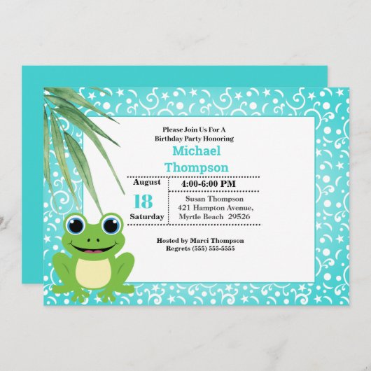 Cute Green Frog Birthday Party Invitation Kaart (Voorkant / Achterkant)