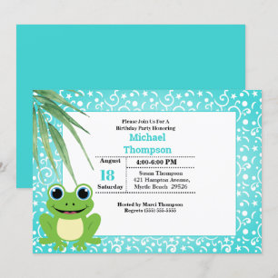 Cute Green Frog Birthday Party Invitation Kaart