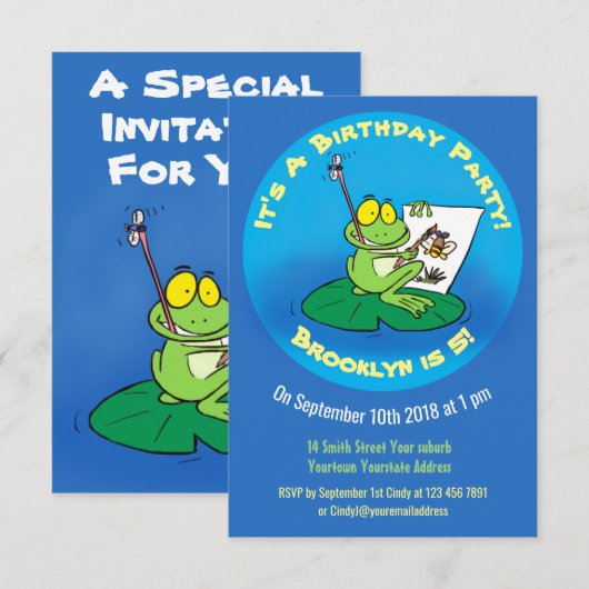Cute green frog cartoon illustration invita kaart (Voorkant / Achterkant)