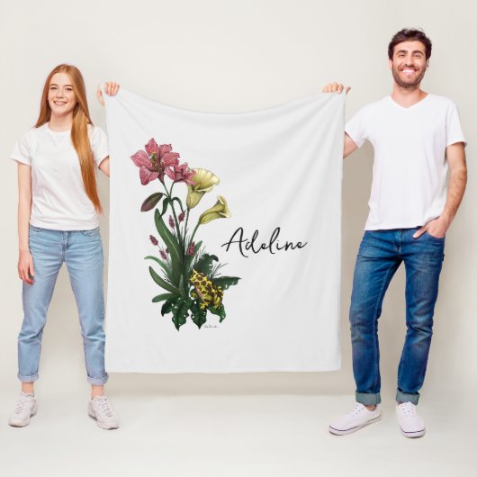 Cute Green Frog en Lily Botanical Floral Art Fleece Deken (In situ)