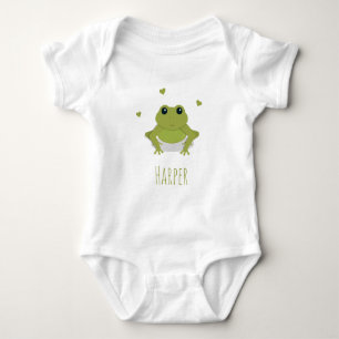 Cute Green Frog Hearts Name Illustration Cartoon Romper