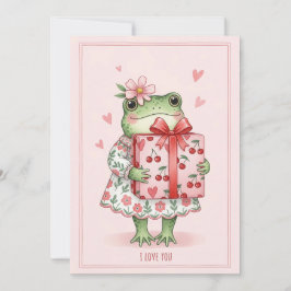 Cute Green Frog In Floral Dress Feestdagenkaart