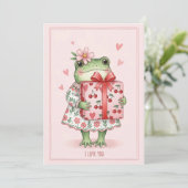 Cute Green Frog In Floral Dress Feestdagenkaart (Staand voorkant)