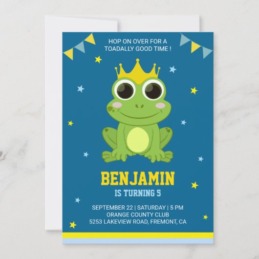 Cute Green Frog kinderen Birthday Party Invitation Kaart (Voorkant)