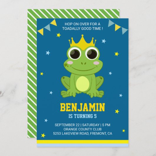 Cute Green Frog kinderen Birthday Party Invitation Kaart (Voorkant / Achterkant)