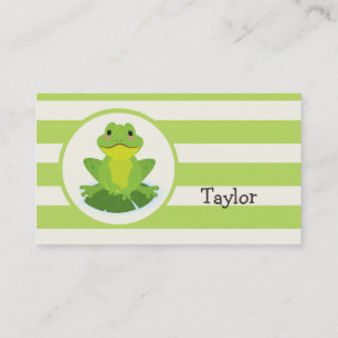 Cute Green Frog op Striped Pattern Visitekaartje