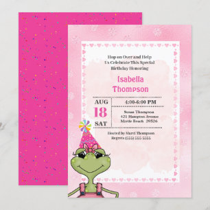 Cute Green Frog Pink Birthday Party Invitation Kaart