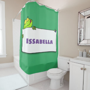 Cute green frog sign cartoon illustration douchegordijn