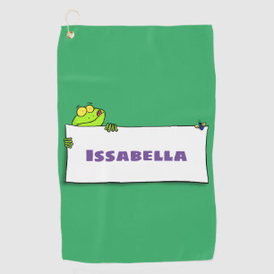 Cute green frog sign cartoon illustration golfhanddoek