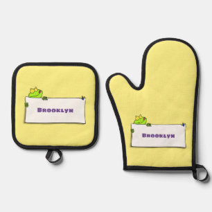 Cute green frog sign cartoon illustration ovenwant & pannenlap set