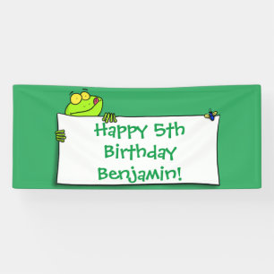 Cute green frog sign cartoon illustration spandoek